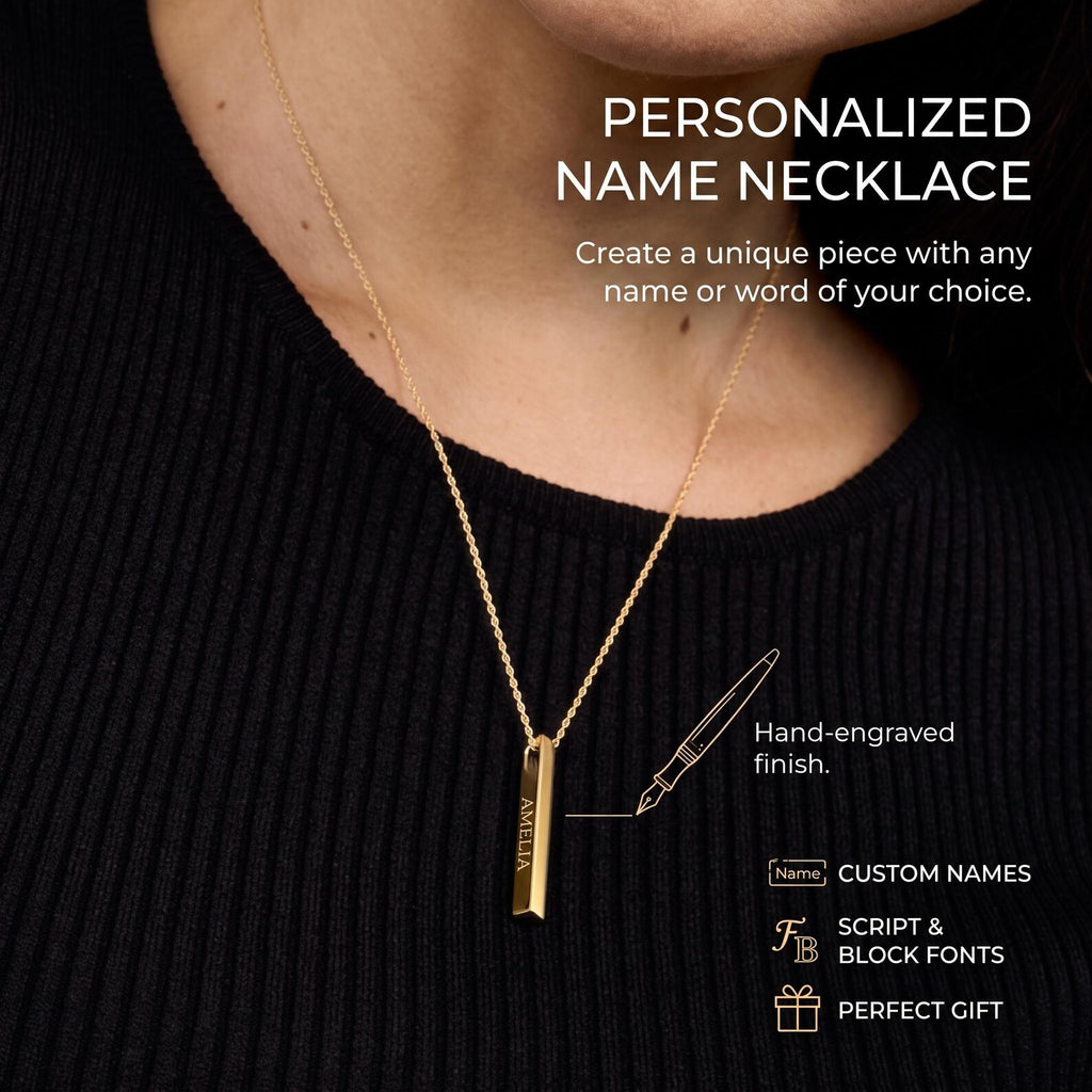 Gepersonaliseerde ketting met verticale staaf en voornaam | Gegraveerde hanger van roestvrij staal 
